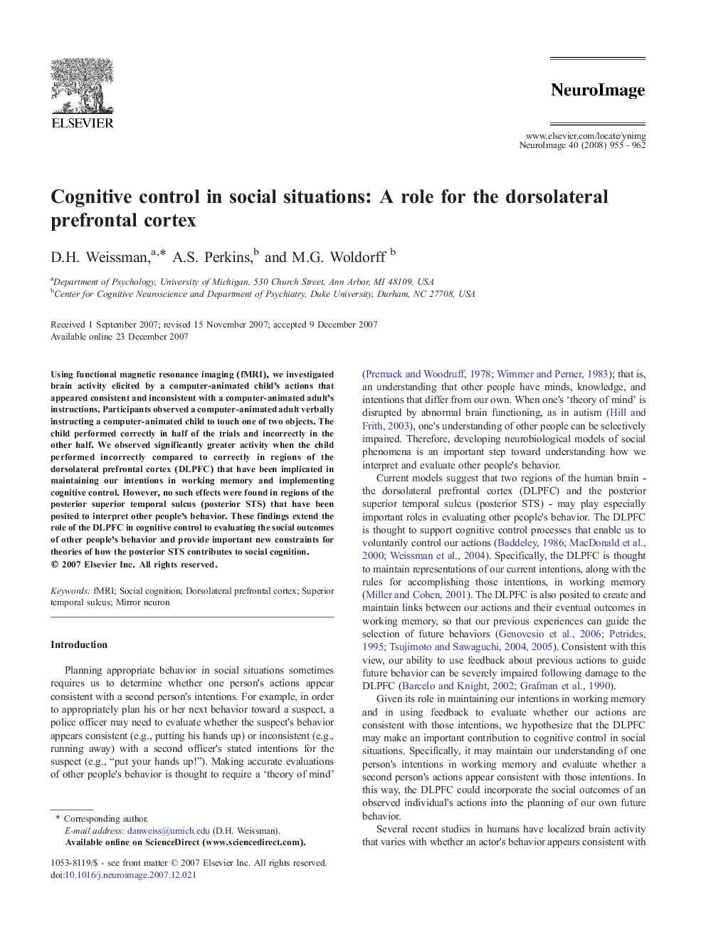 Cognitive control in social situations: A role for the dorsolateral prefrontal cortex