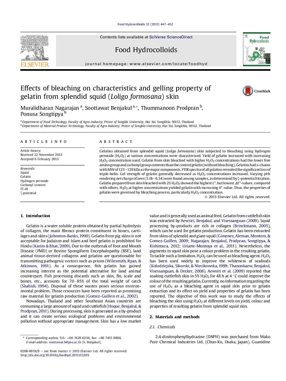 Effects of bleaching on characteristics and gelling property of gelatin from splendid squid (Loligo formosana) skin