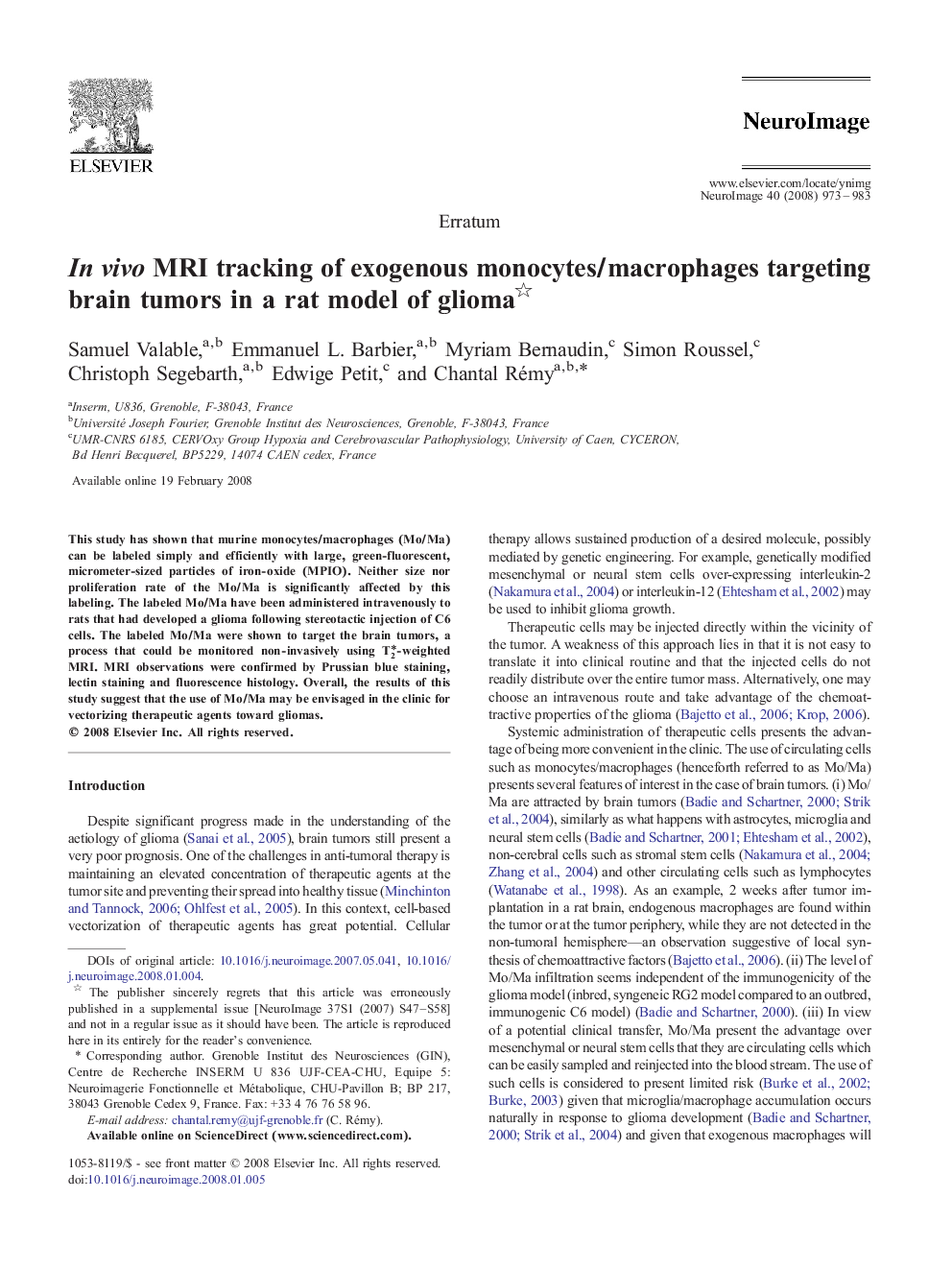 عکس صفحه اول مقاله: In vivo MRI tracking of exogenous monocytes/macrophages targeting brain tumors in a rat model of glioma In vivo MRI tracking of exogenous monocytes/macrophages targeting brain tumors in a rat model of glioma