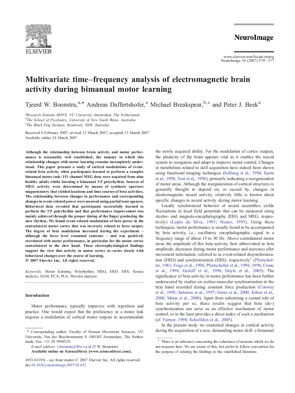 Multivariate time-frequency analysis of electromagnetic brain activity during bimanual motor learning