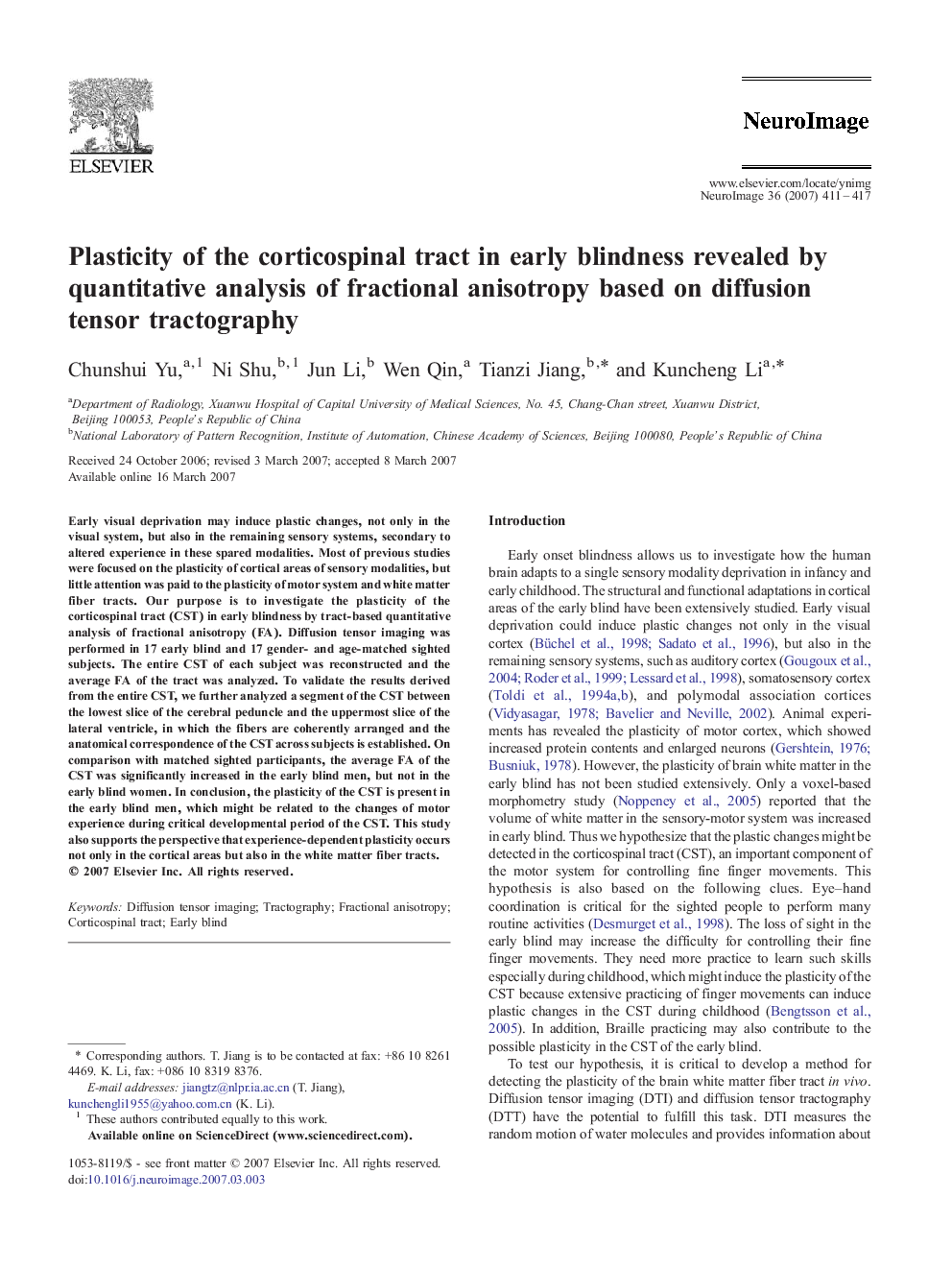 Plasticity of the corticospinal tract in early blindness revealed by quantitative analysis of fractional anisotropy based on diffusion tensor tractography