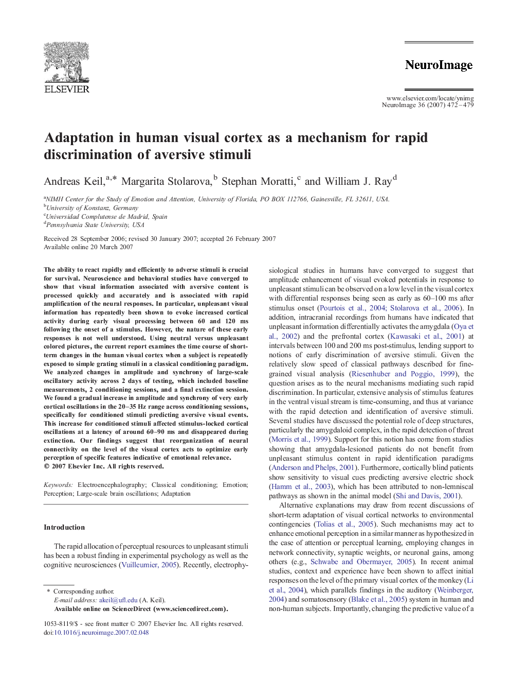 Adaptation in human visual cortex as a mechanism for rapid discrimination of aversive stimuli