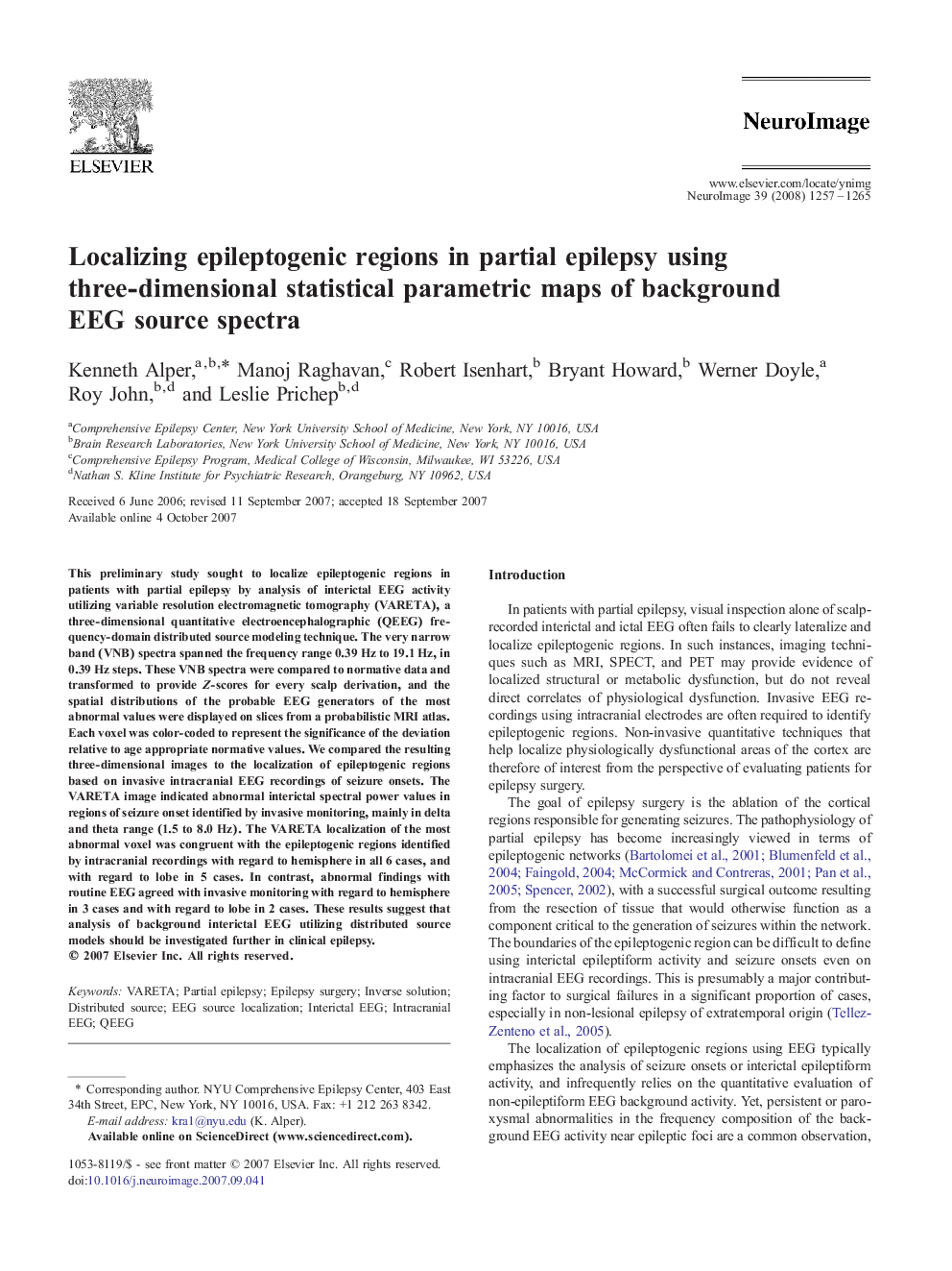عکس صفحه اول مقاله: Localizing epileptogenic regions in partial epilepsy using three-dimensional statistical parametric maps of background EEG source spectra Localizing epileptogenic regions in partial epilepsy using three-dimensional statistical parametric maps of background EEG source spectra