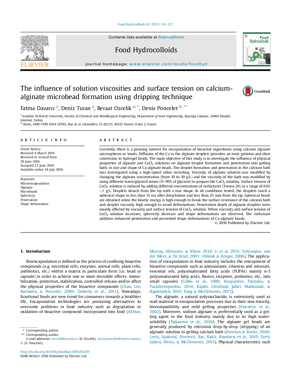 The influence of solution viscosities and surface tension on calcium-alginate microbead formation using dripping technique