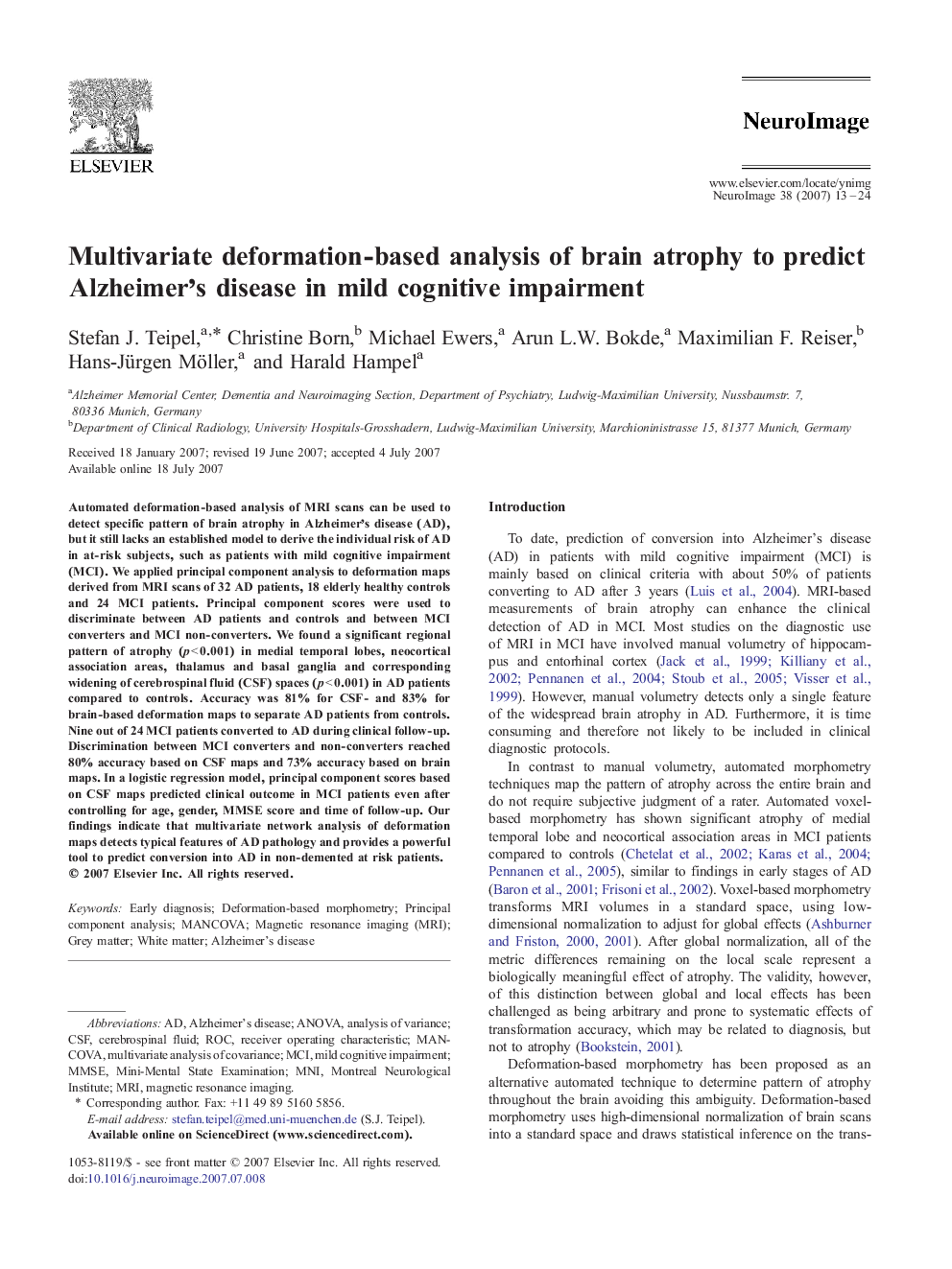 Multivariate deformation-based analysis of brain atrophy to predict Alzheimer's disease in mild cognitive impairment