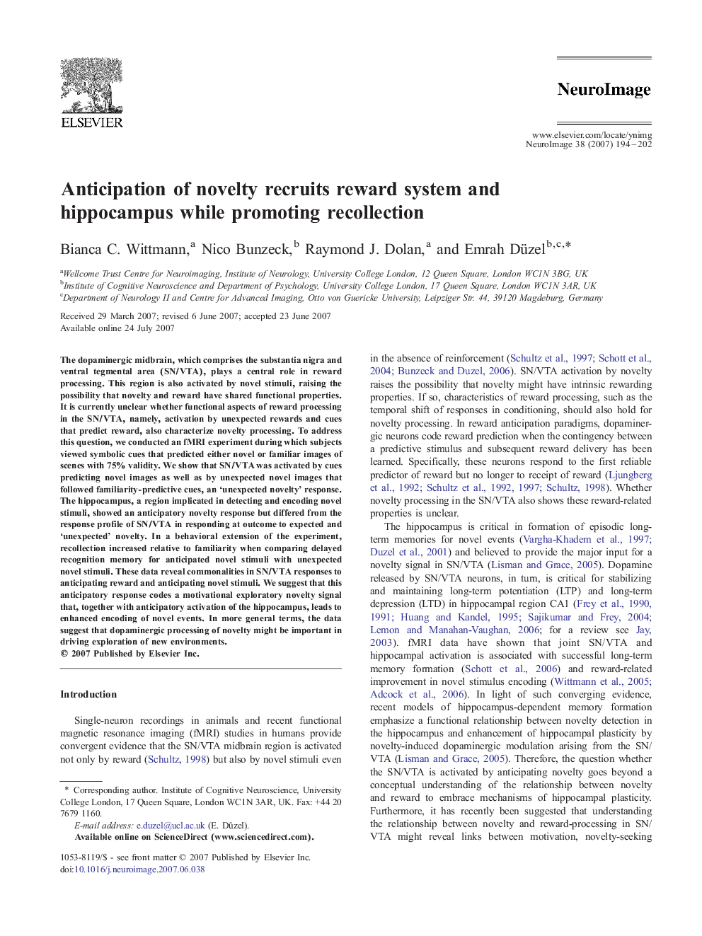 Anticipation of novelty recruits reward system and hippocampus while promoting recollection