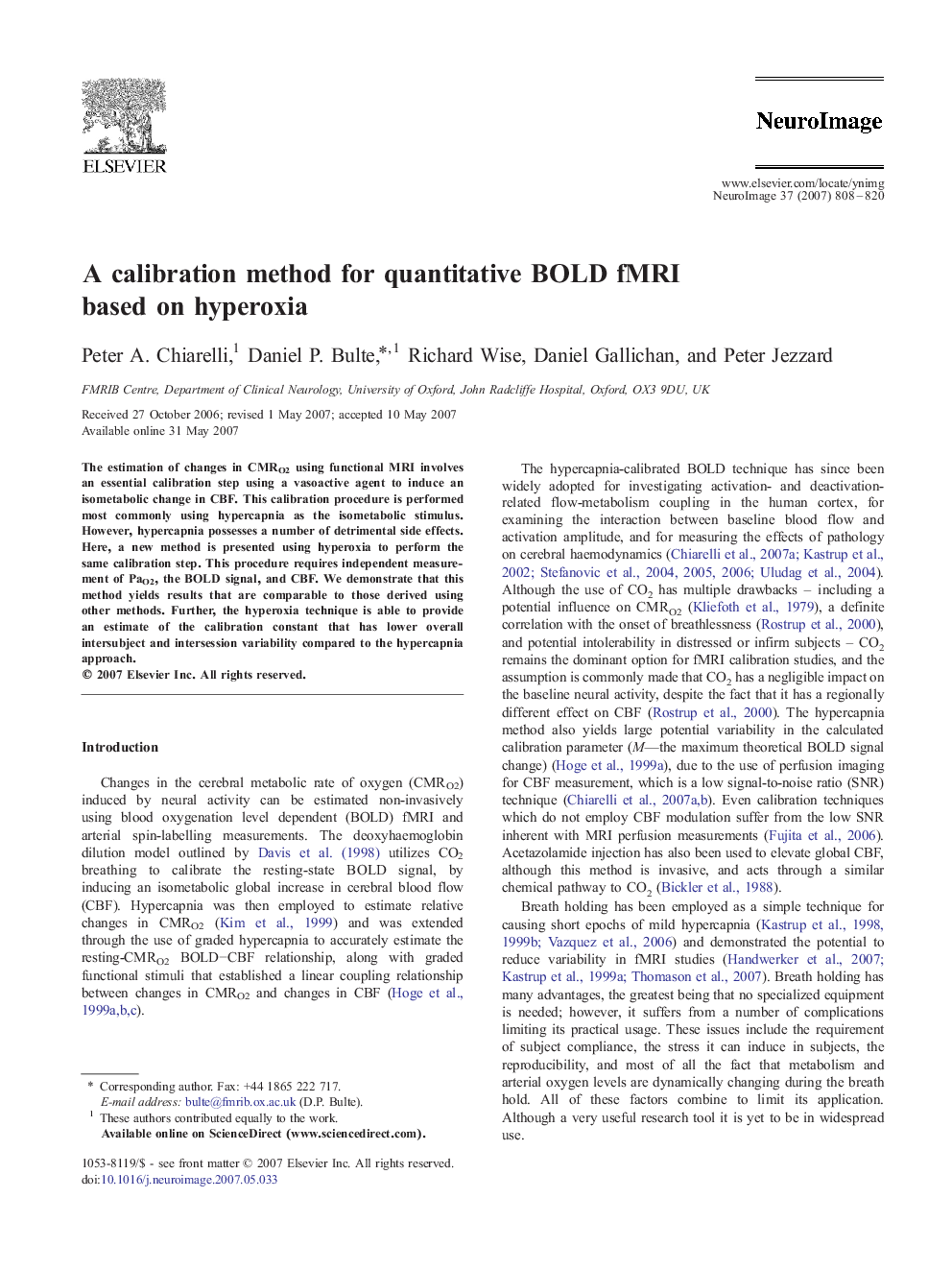 A calibration method for quantitative BOLD fMRI based on hyperoxia