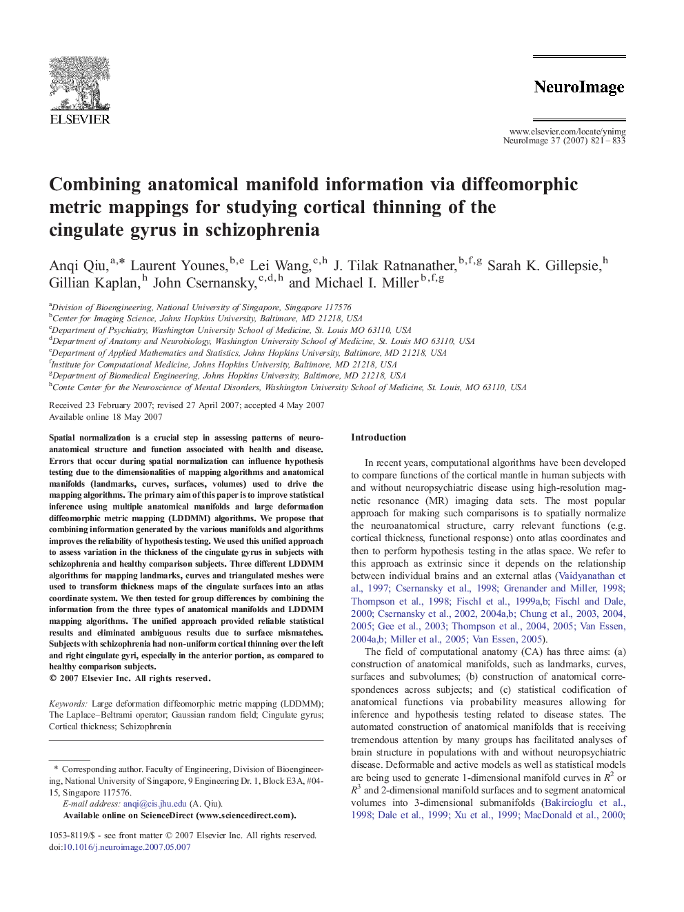 Combining anatomical manifold information via diffeomorphic metric mappings for studying cortical thinning of the cingulate gyrus in schizophrenia