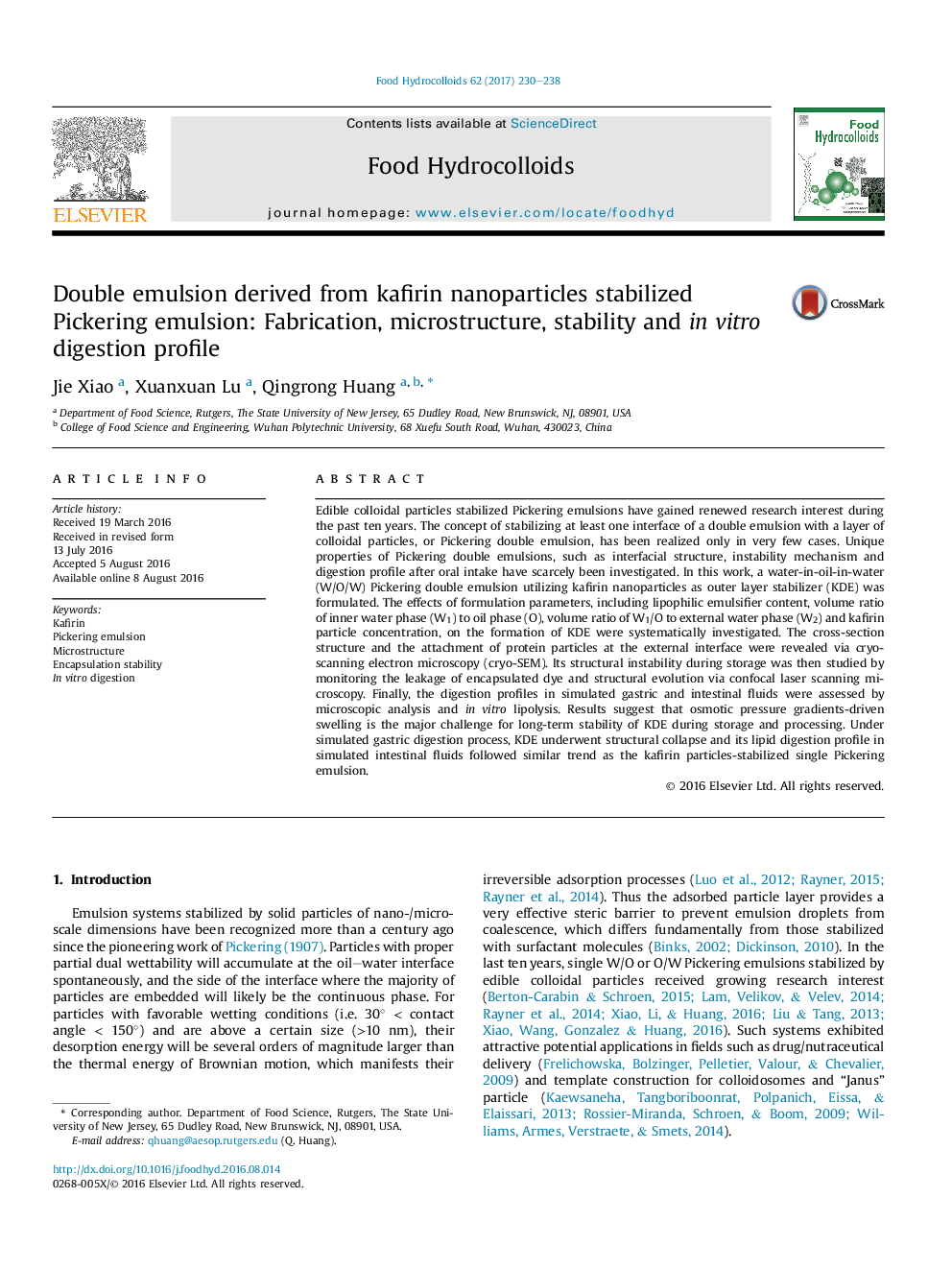 Double emulsion derived from kafirin nanoparticles stabilized Pickering emulsion: Fabrication, microstructure, stability and inÂ vitro digestion profile