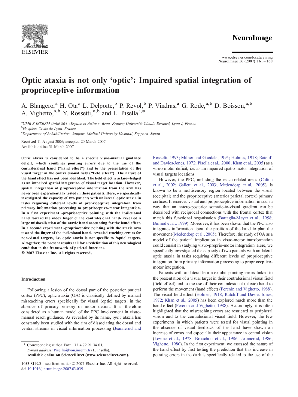 عکس صفحه اول مقاله: Optic ataxia is not only 'optic': Impaired spatial integration of proprioceptive information Optic ataxia is not only 'optic': Impaired spatial integration of proprioceptive information