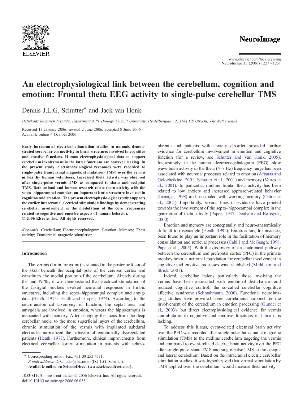 An electrophysiological link between the cerebellum, cognition and emotion: Frontal theta EEG activity to single-pulse cerebellar TMS