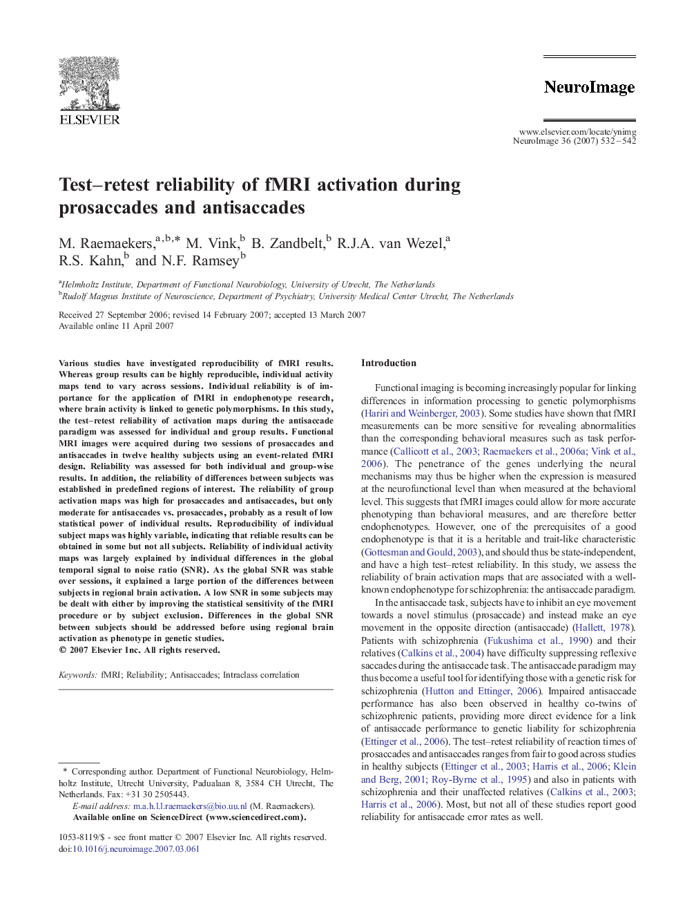 Test-retest reliability of fMRI activation during prosaccades and antisaccades