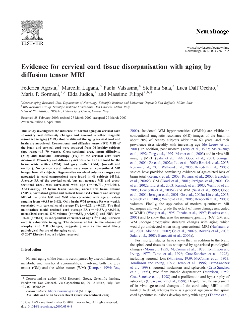 Evidence for cervical cord tissue disorganisation with aging by diffusion tensor MRI