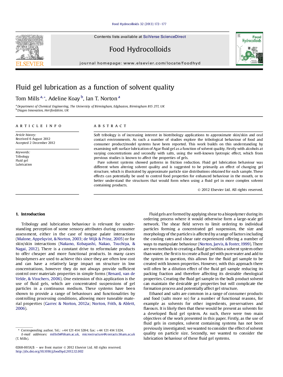 Fluid gel lubrication as a function of solvent quality