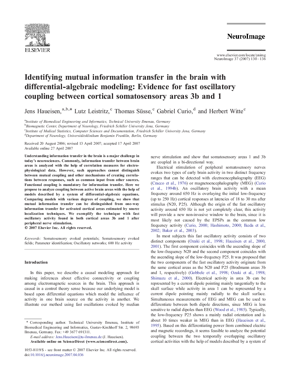 Identifying mutual information transfer in the brain with differential-algebraic modeling: Evidence for fast oscillatory coupling between cortical somatosensory areas 3b and 1