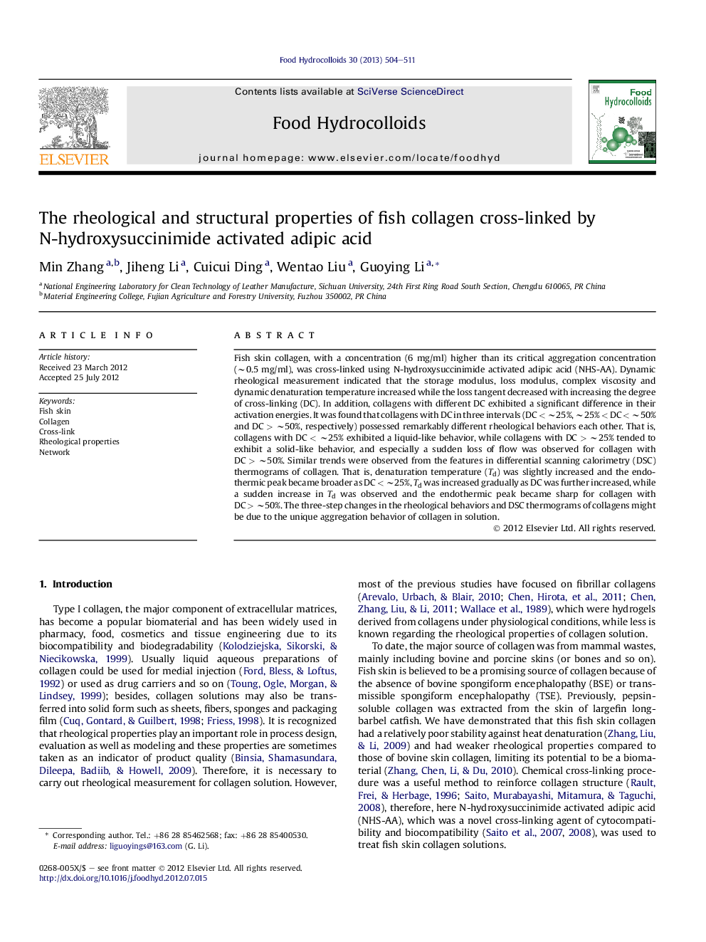 The rheological and structural properties of fish collagen cross-linked by N-hydroxysuccinimide activated adipic acid