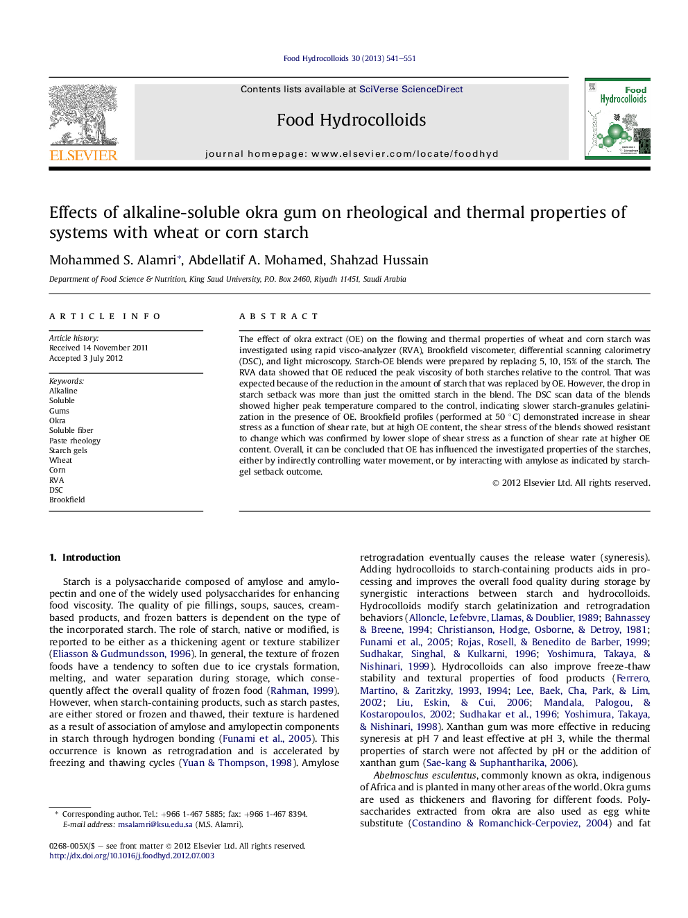 Effects of alkaline-soluble okra gum on rheological and thermal properties of systems with wheat or corn starch