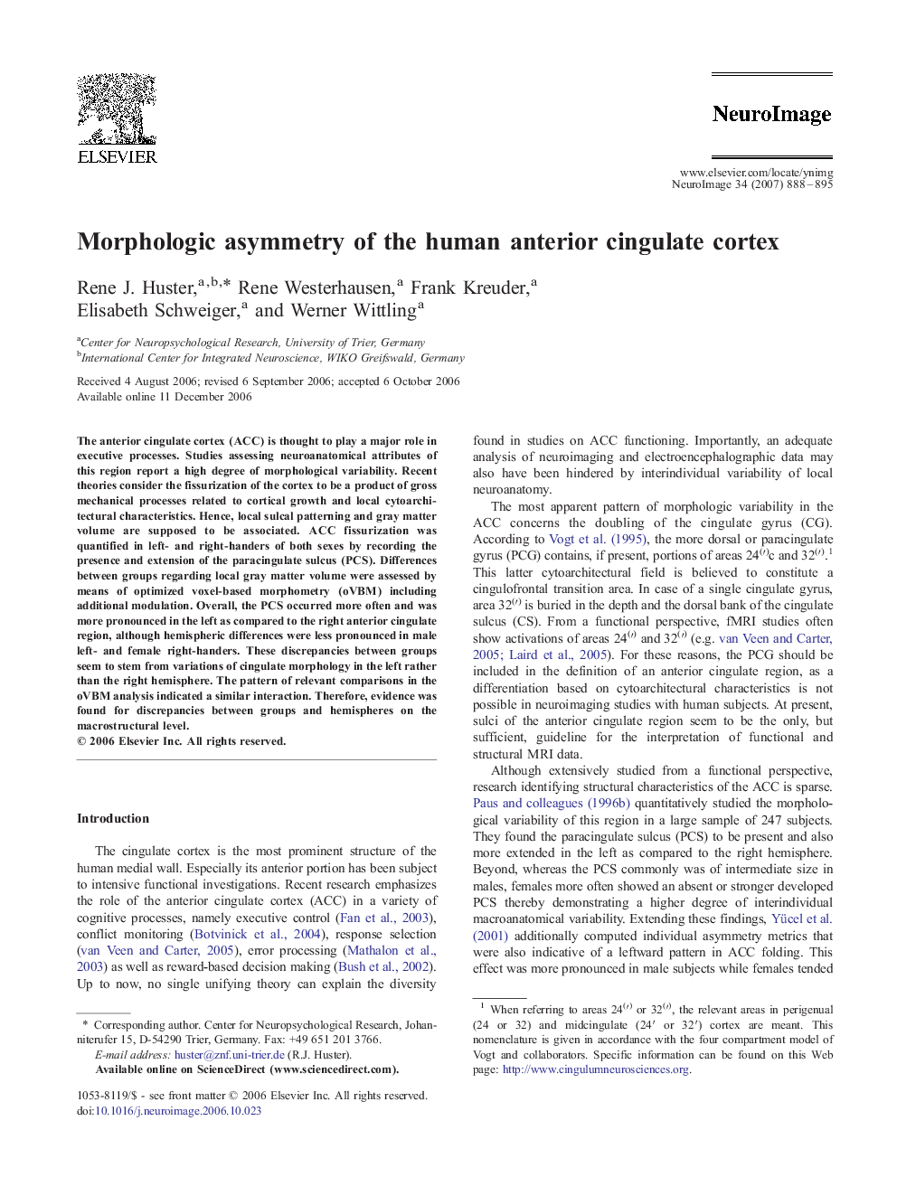 عکس صفحه اول مقاله: Morphologic asymmetry of the human anterior cingulate cortex Morphologic asymmetry of the human anterior cingulate cortex