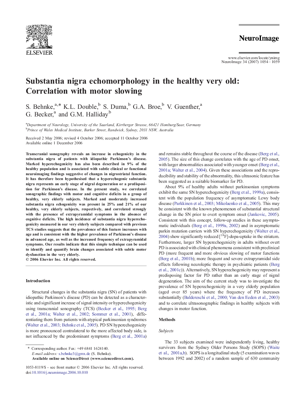 Substantia nigra echomorphology in the healthy very old: Correlation with motor slowing
