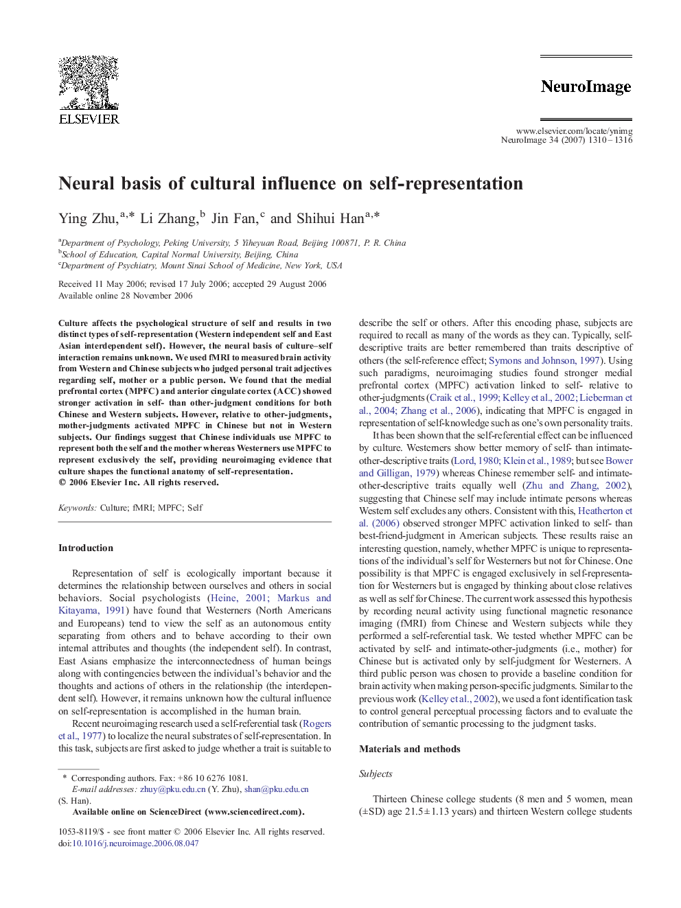 Neural basis of cultural influence on self-representation