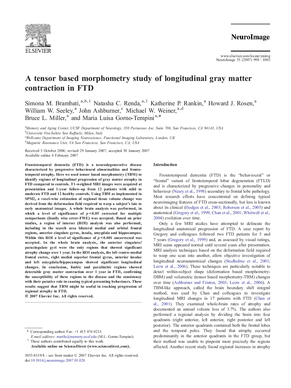 A tensor based morphometry study of longitudinal gray matter contraction in FTD