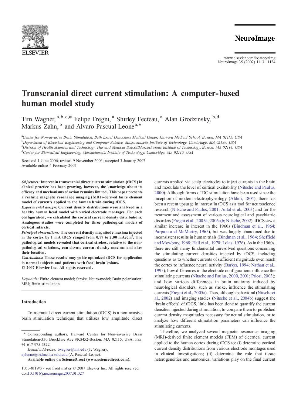 Transcranial direct current stimulation: A computer-based human model study