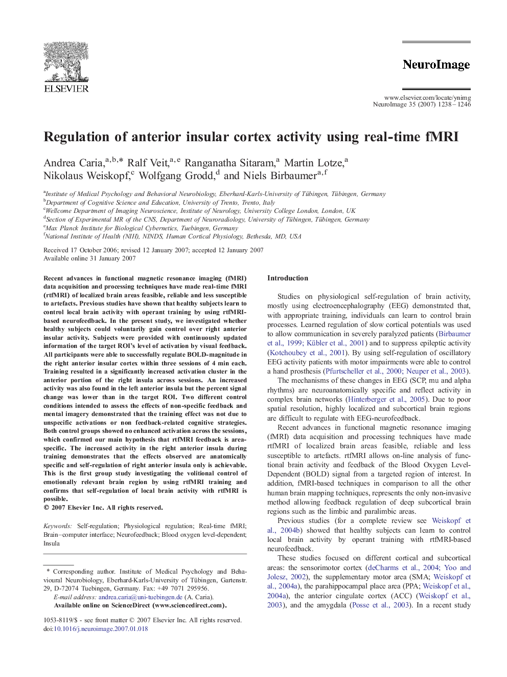 Regulation of anterior insular cortex activity using real-time fMRI