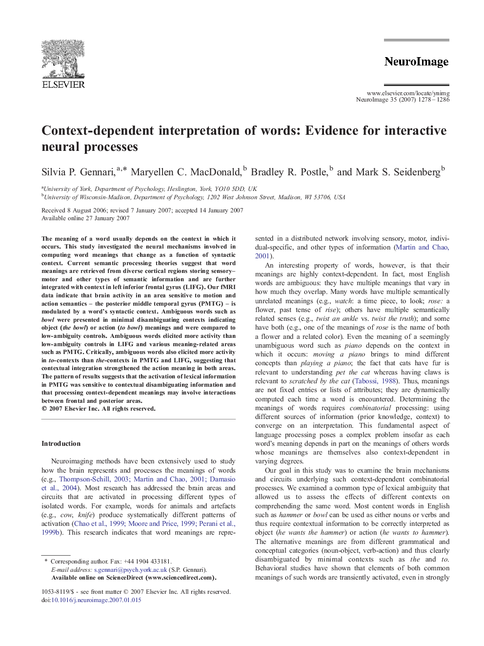 Context-dependent interpretation of words: Evidence for interactive neural processes