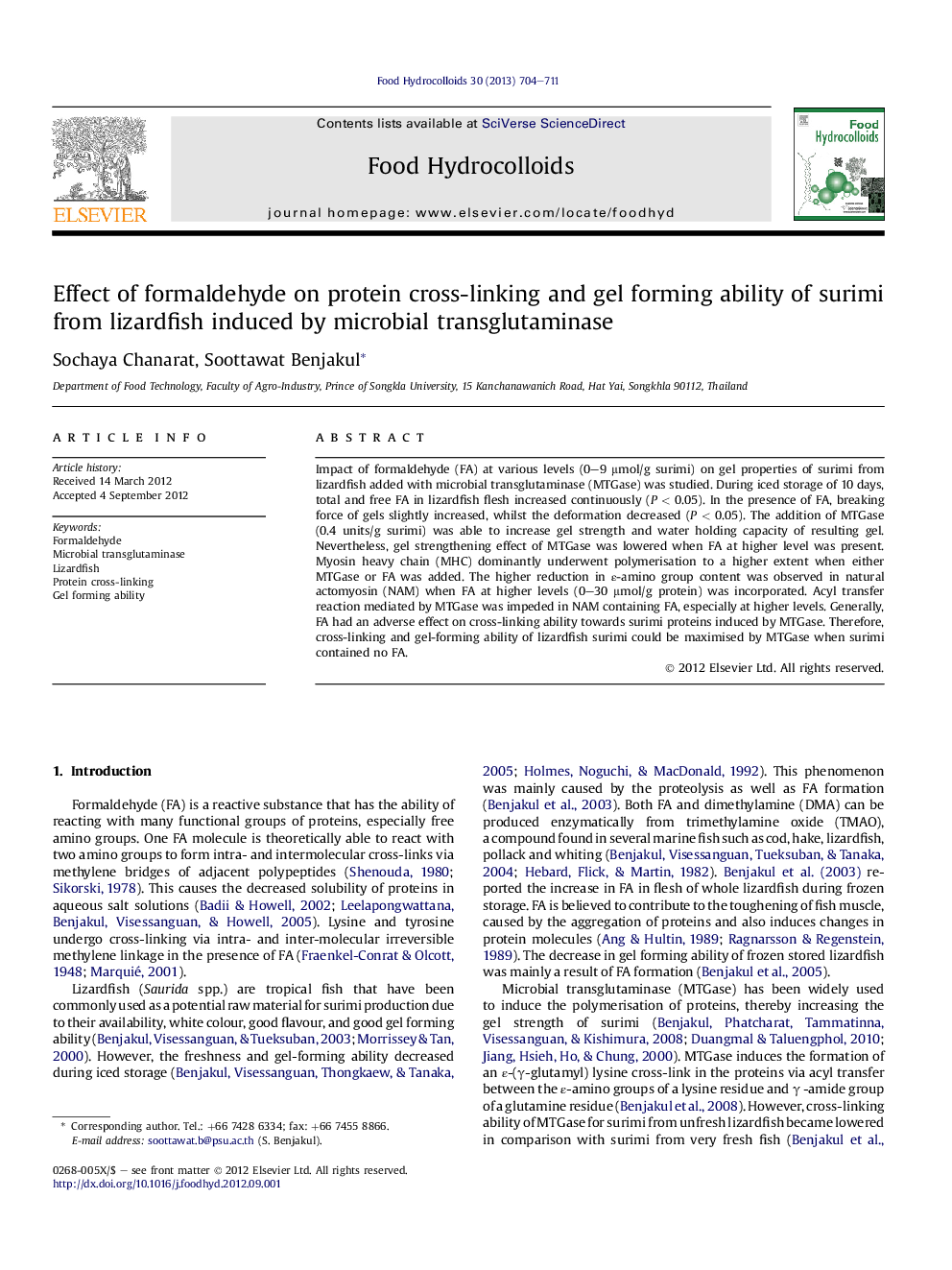 Effect of formaldehyde on protein cross-linking and gel forming ability of surimi from lizardfish induced by microbial transglutaminase