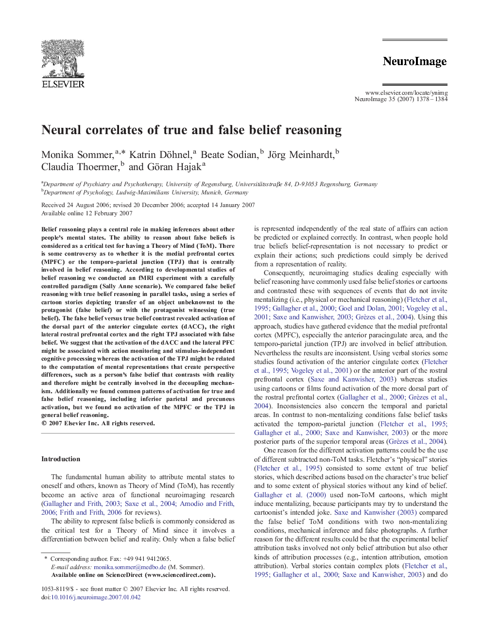 عکس صفحه اول مقاله: Neural correlates of true and false belief reasoning Neural correlates of true and false belief reasoning