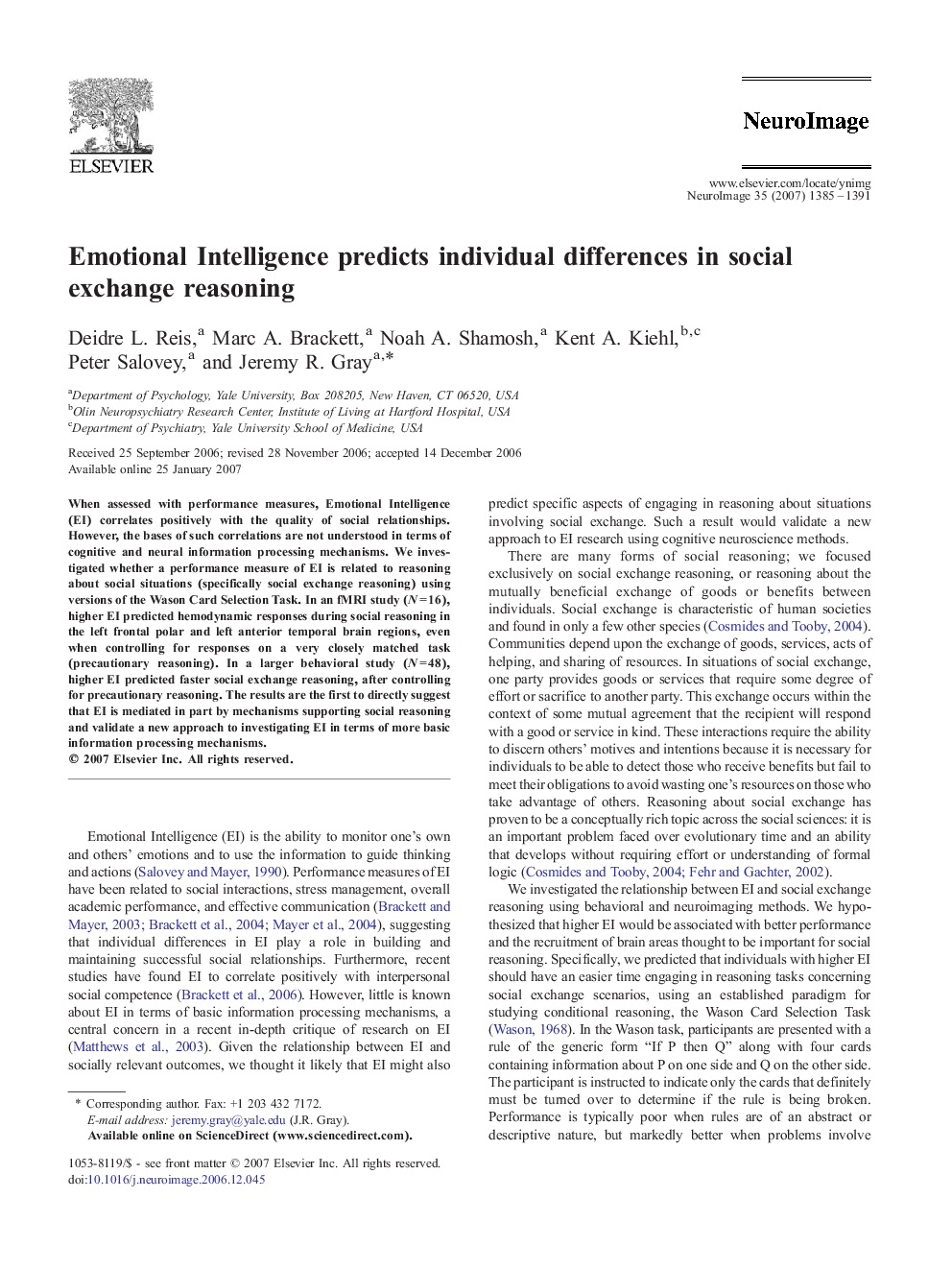 Emotional Intelligence predicts individual differences in social exchange reasoning