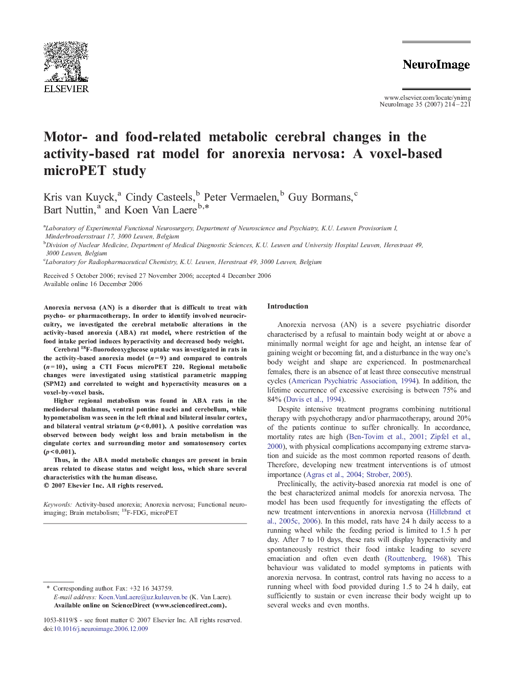 Motor- and food-related metabolic cerebral changes in the activity-based rat model for anorexia nervosa: A voxel-based microPET study