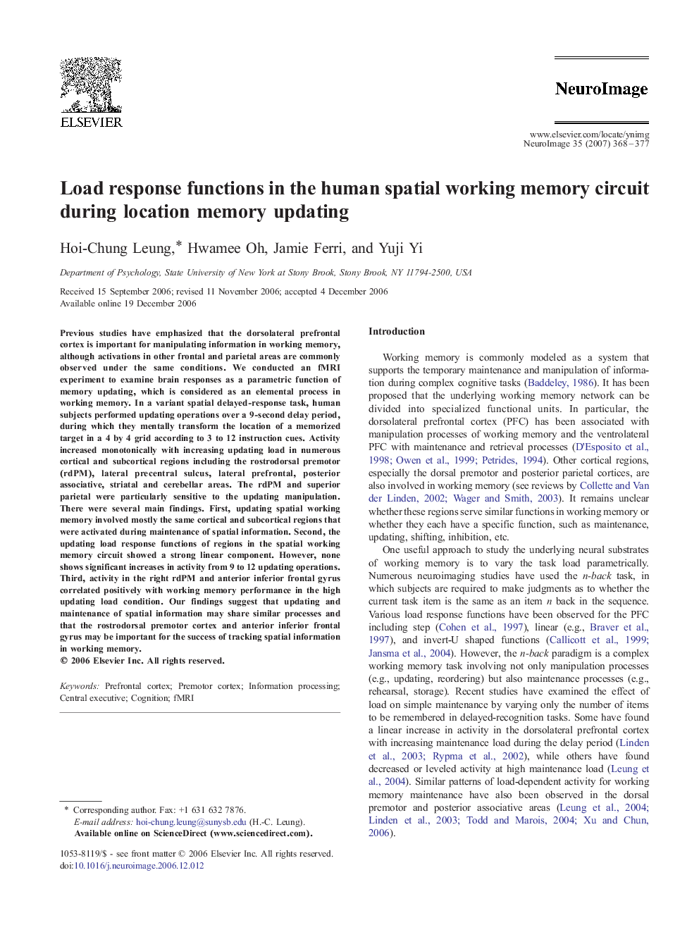 Load response functions in the human spatial working memory circuit during location memory updating