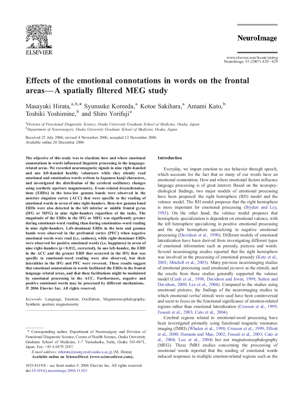 Effects of the emotional connotations in words on the frontal areas-A spatially filtered MEG study