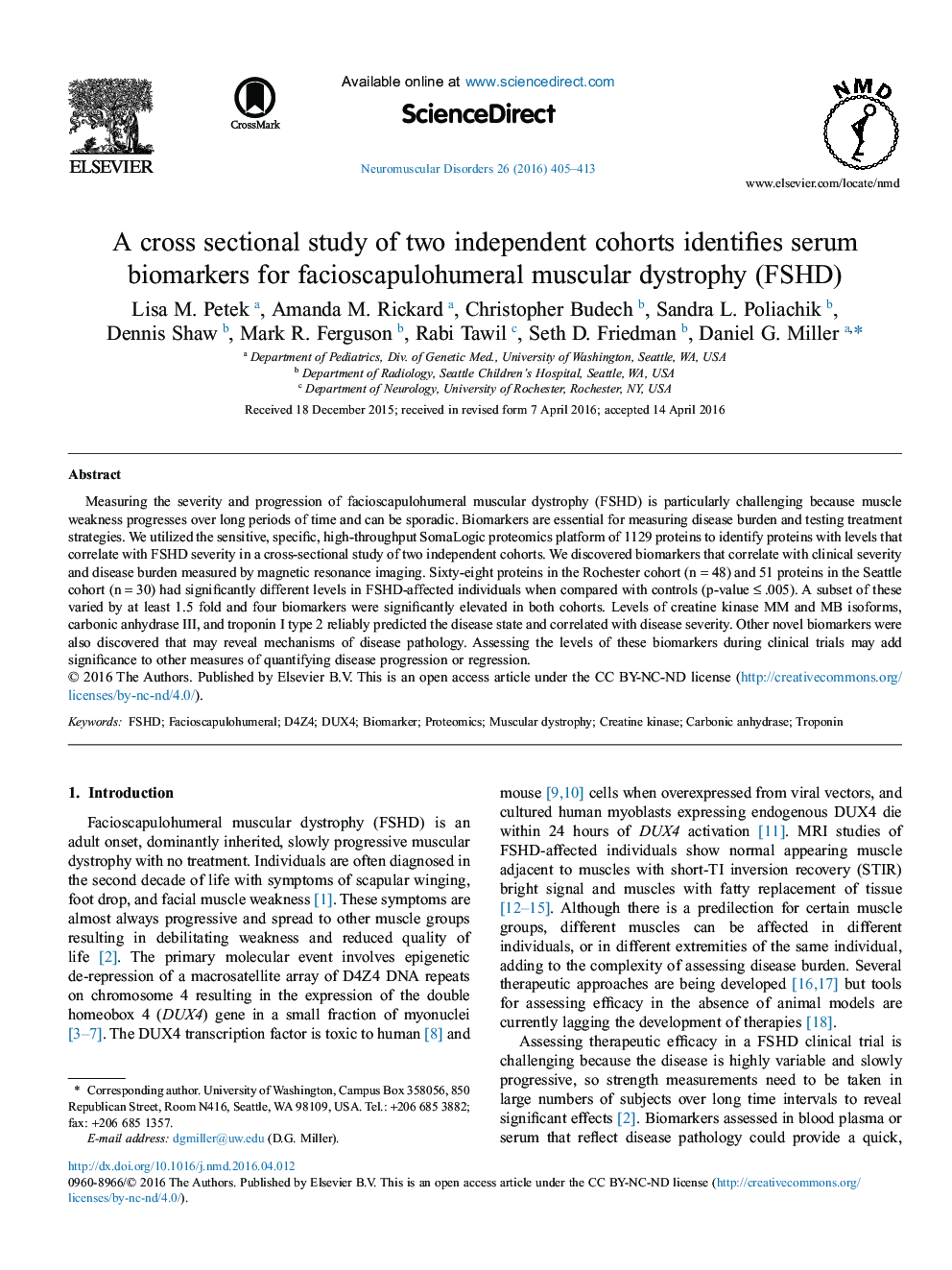 A cross sectional study of two independent cohorts identifies serum biomarkers for facioscapulohumeral muscular dystrophy (FSHD)