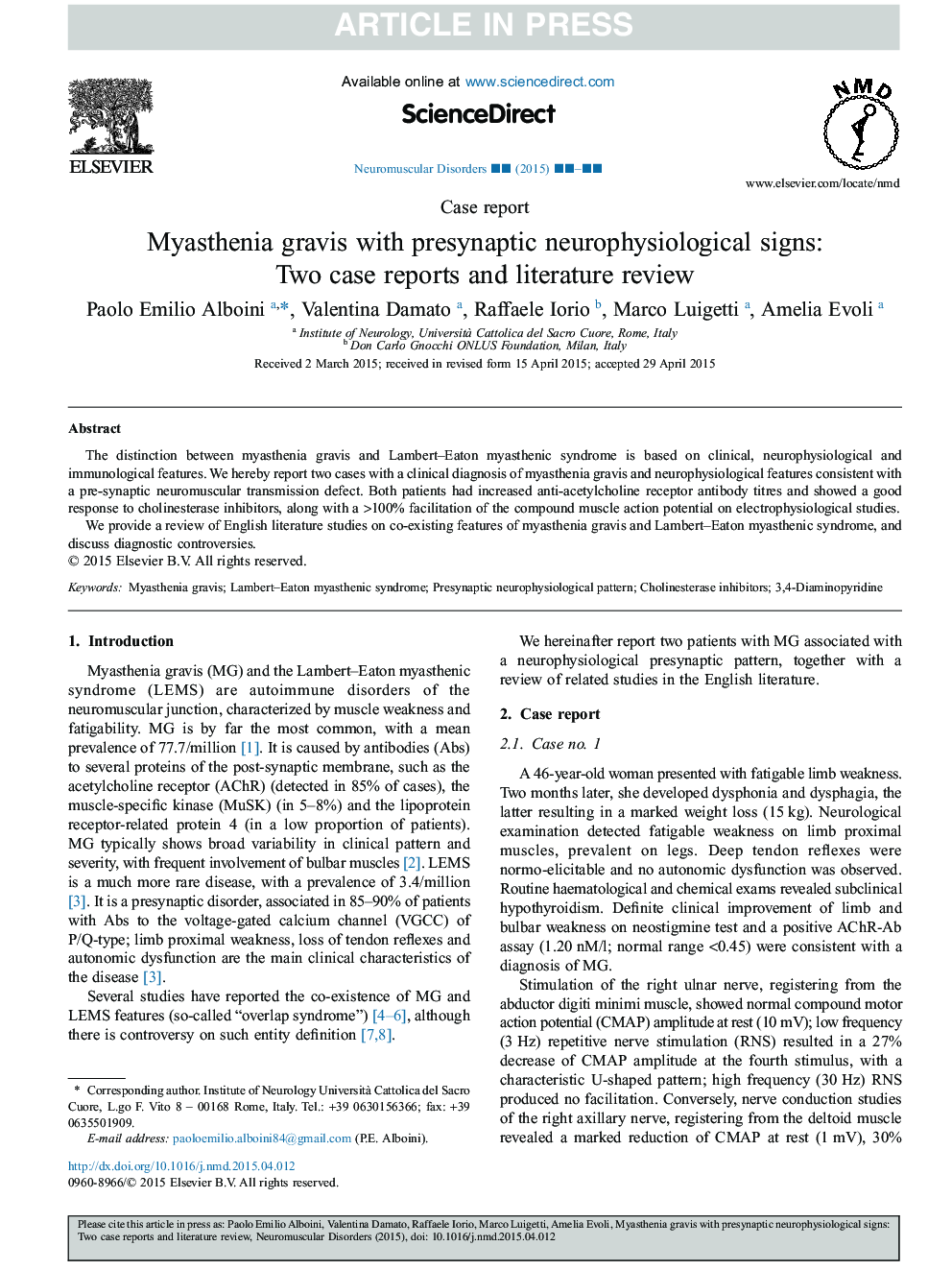 Myasthenia gravis with presynaptic neurophysiological signs: Two case reports and literature review