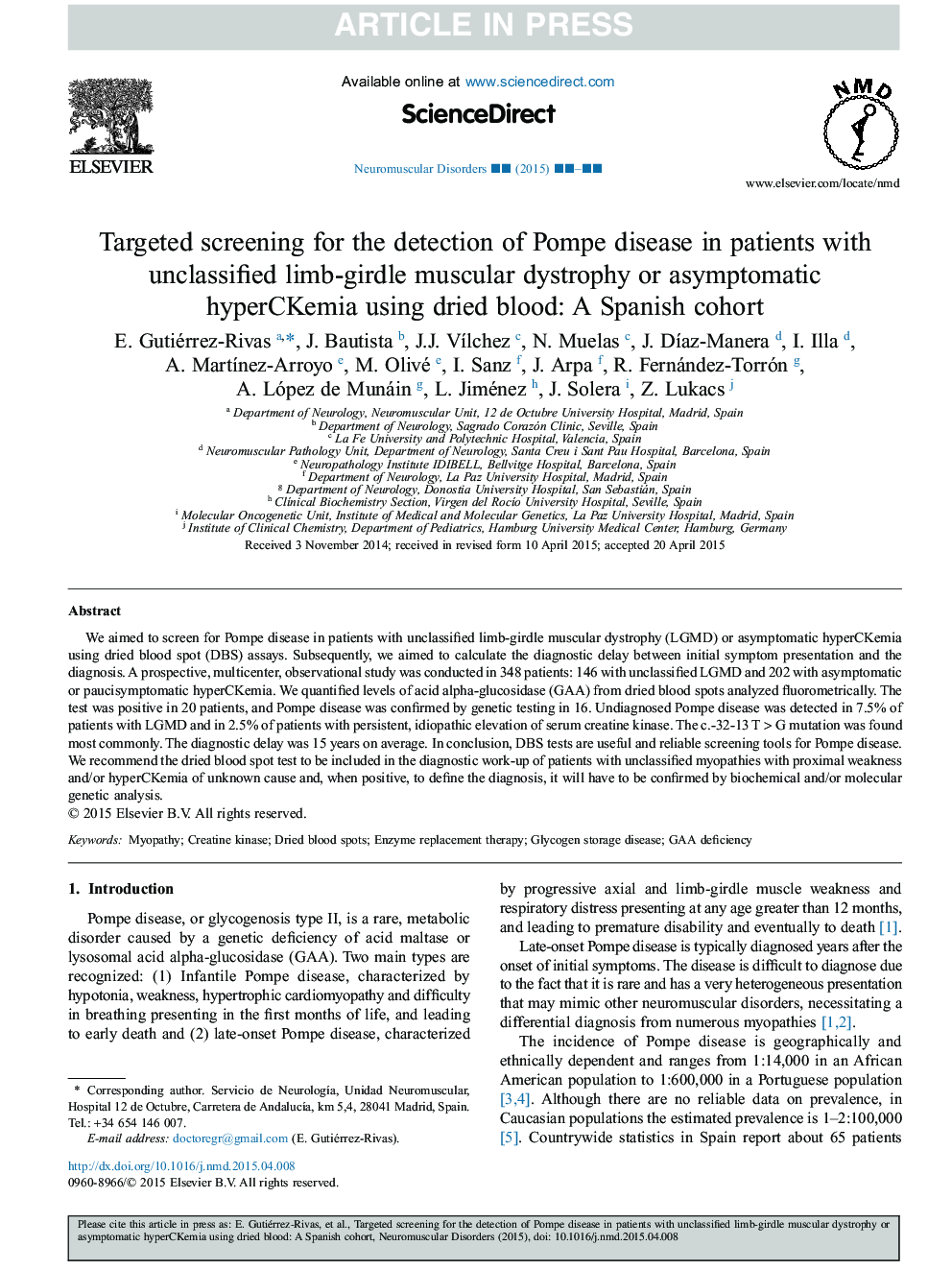 Targeted screening for the detection of Pompe disease in patients with unclassified limb-girdle muscular dystrophy or asymptomatic hyperCKemia using dried blood: A Spanish cohort