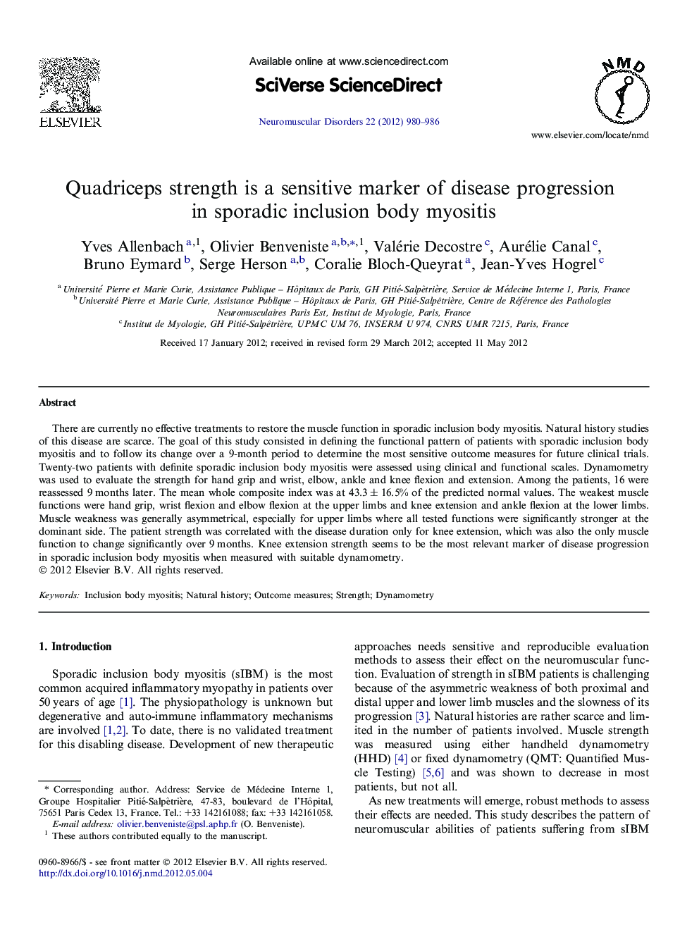 Quadriceps strength is a sensitive marker of disease progression in sporadic inclusion body myositis