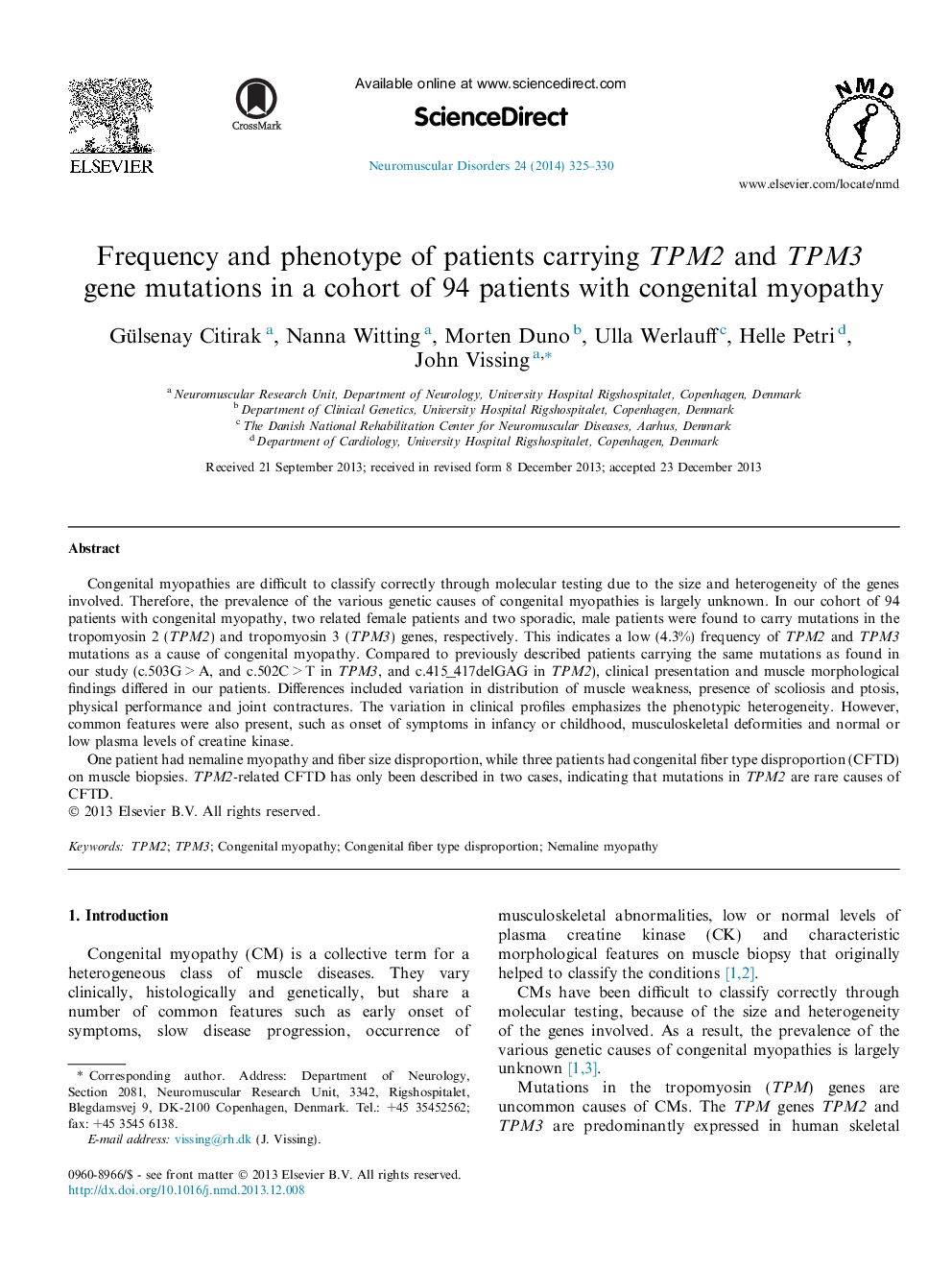 Frequency and phenotype of patients carrying TPM2 and TPM3 gene mutations in a cohort of 94 patients with congenital myopathy