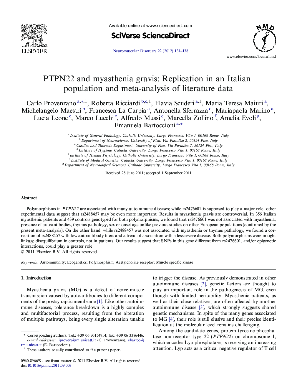 PTPN22 and myasthenia gravis: Replication in an Italian population and meta-analysis of literature data