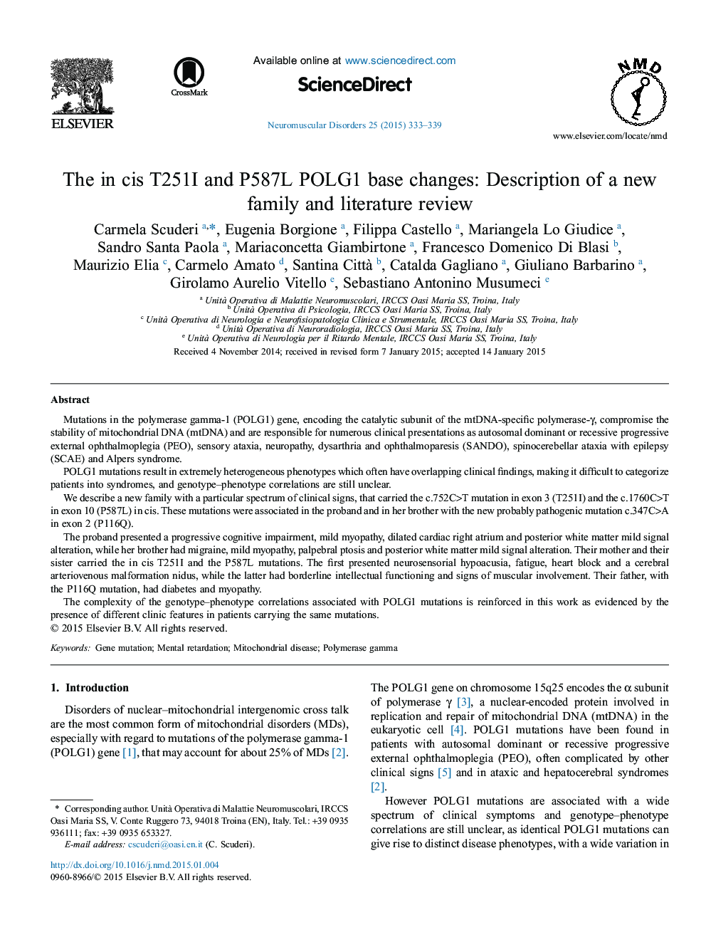 The in cis T251I and P587L POLG1 base changes: Description of a new family and literature review