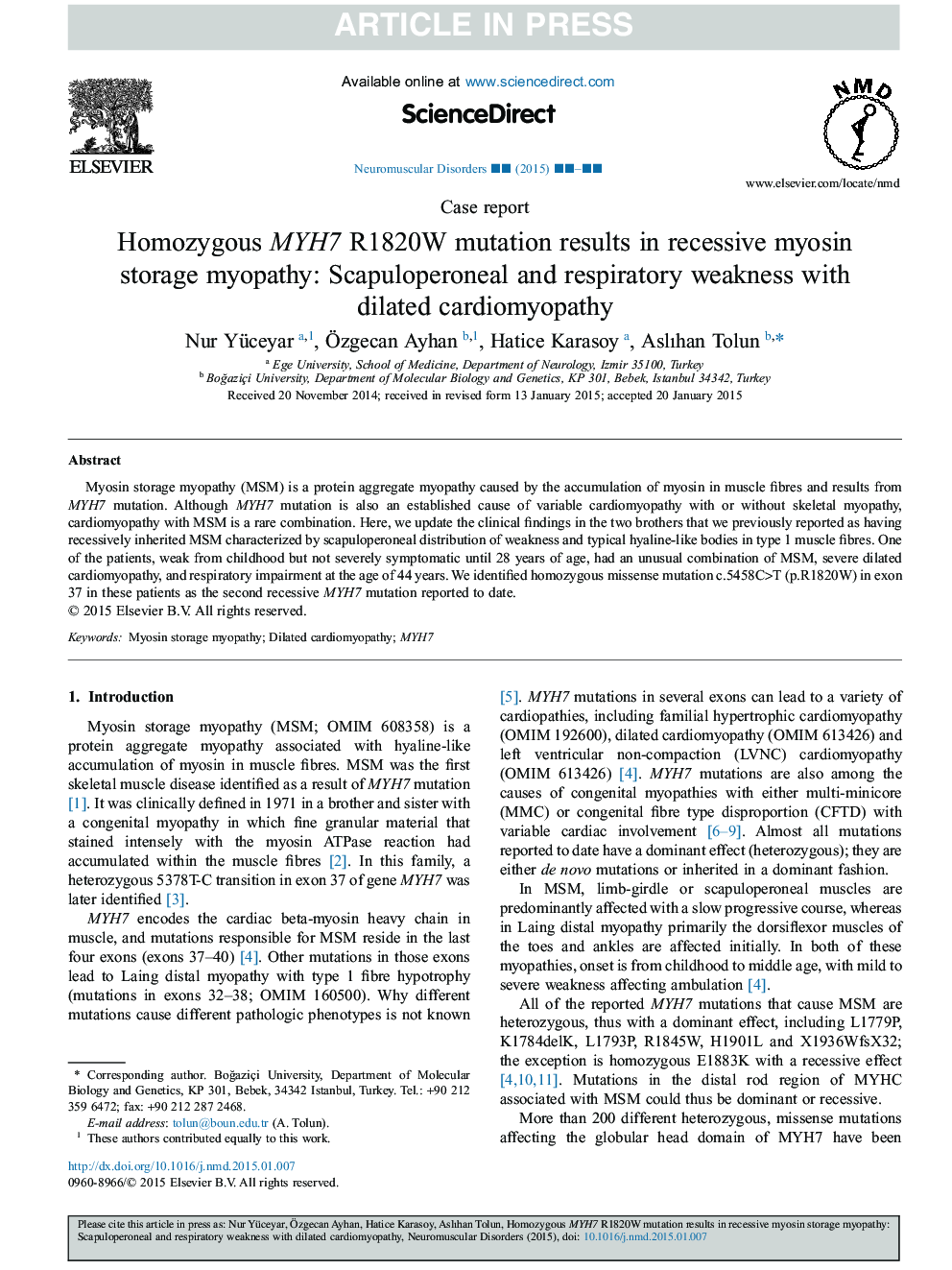 Homozygous MYH7 R1820W mutation results in recessive myosin storage myopathy: Scapuloperoneal and respiratory weakness with dilated cardiomyopathy