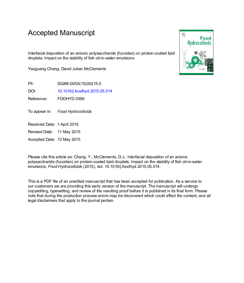 Interfacial deposition of an anionic polysaccharide (fucoidan) on protein-coated lipid droplets: Impact on the stability of fish oil-in-water emulsions