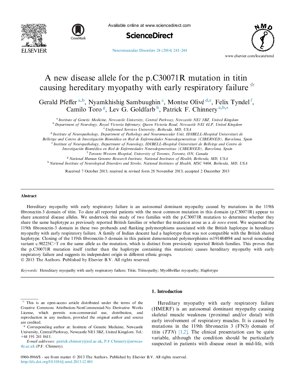 A new disease allele for the p.C30071R mutation in titin causing hereditary myopathy with early respiratory failure