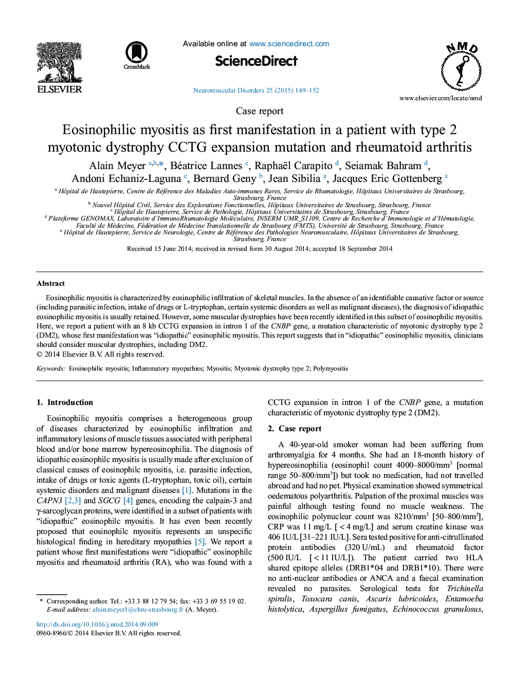 Eosinophilic myositis as first manifestation in a patient with type 2 myotonic dystrophy CCTG expansion mutation and rheumatoid arthritis