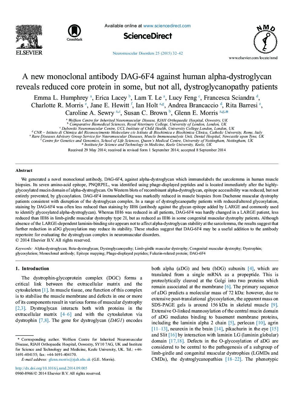 A new monoclonal antibody DAG-6F4 against human alpha-dystroglycan reveals reduced core protein in some, but not all, dystroglycanopathy patients