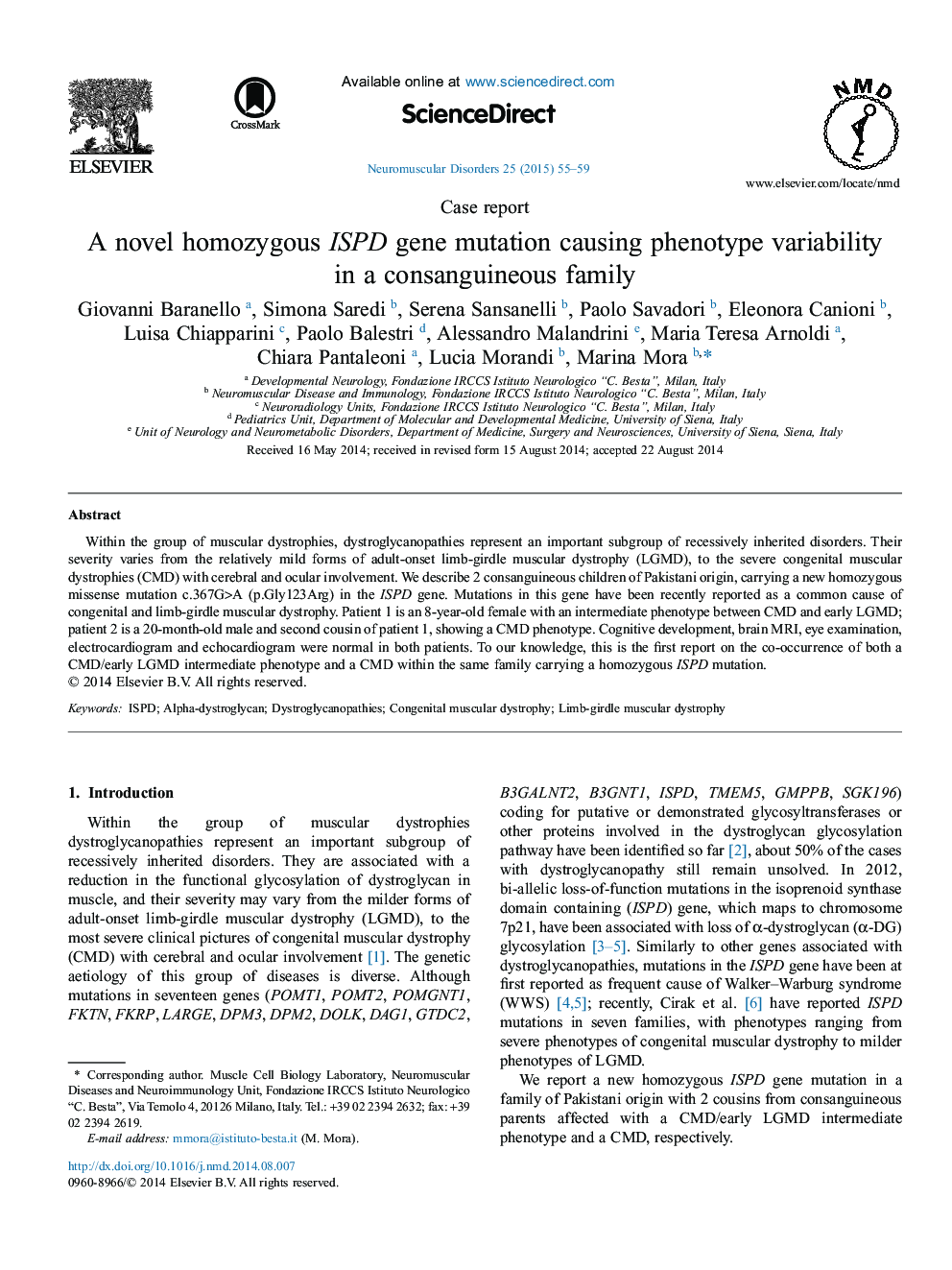 A novel homozygous ISPD gene mutation causing phenotype variability in a consanguineous family