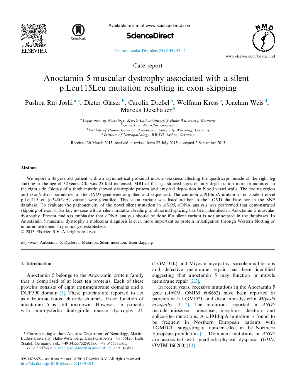 Anoctamin 5 muscular dystrophy associated with a silent p.Leu115Leu mutation resulting in exon skipping