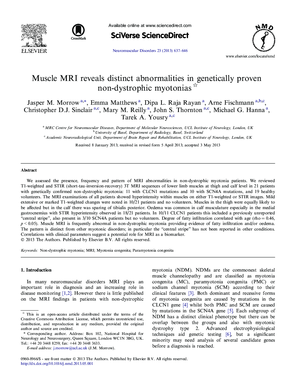 Muscle MRI reveals distinct abnormalities in genetically proven non-dystrophic myotonias