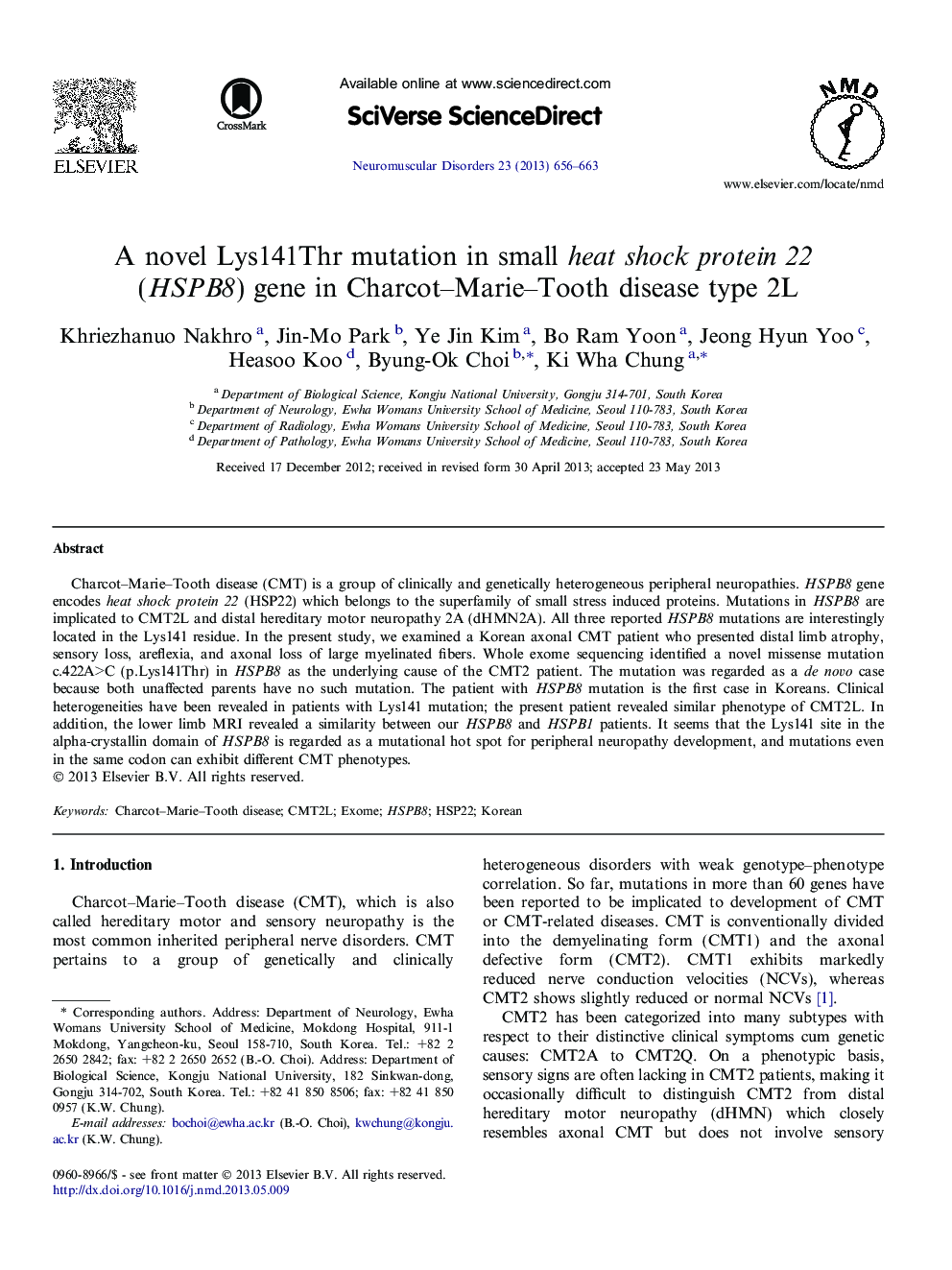 A novel Lys141Thr mutation in small heat shock protein 22 (HSPB8) gene in Charcot-Marie-Tooth disease type 2L